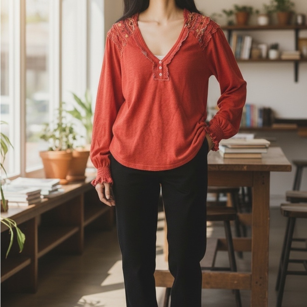 Free People Scarlet Lace-Accent Blouse